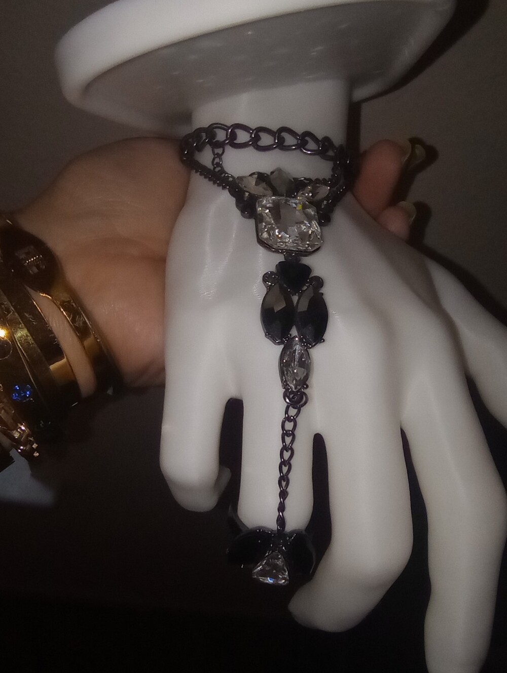 Gun Metal And Crystal Hand Chain Bracelet And Ring
